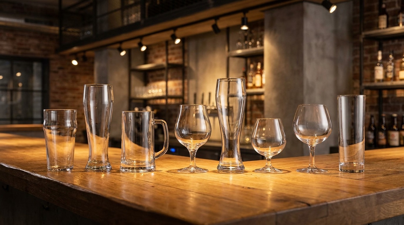 แก้วเบียร์ 8 ทรงวางเรียงกันบนเคาน์เตอร์บาร์ไม้ ครบทั้ง Pint Pilsner Mug Tulip Weizen Snifter Goblet และ Stange